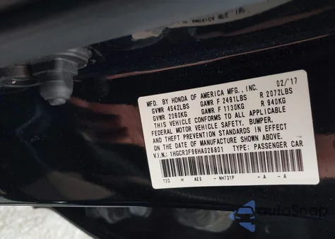 2017 Honda Accord Touring V6 from USA, damaged, VIN 1HGCR3F96HA026801